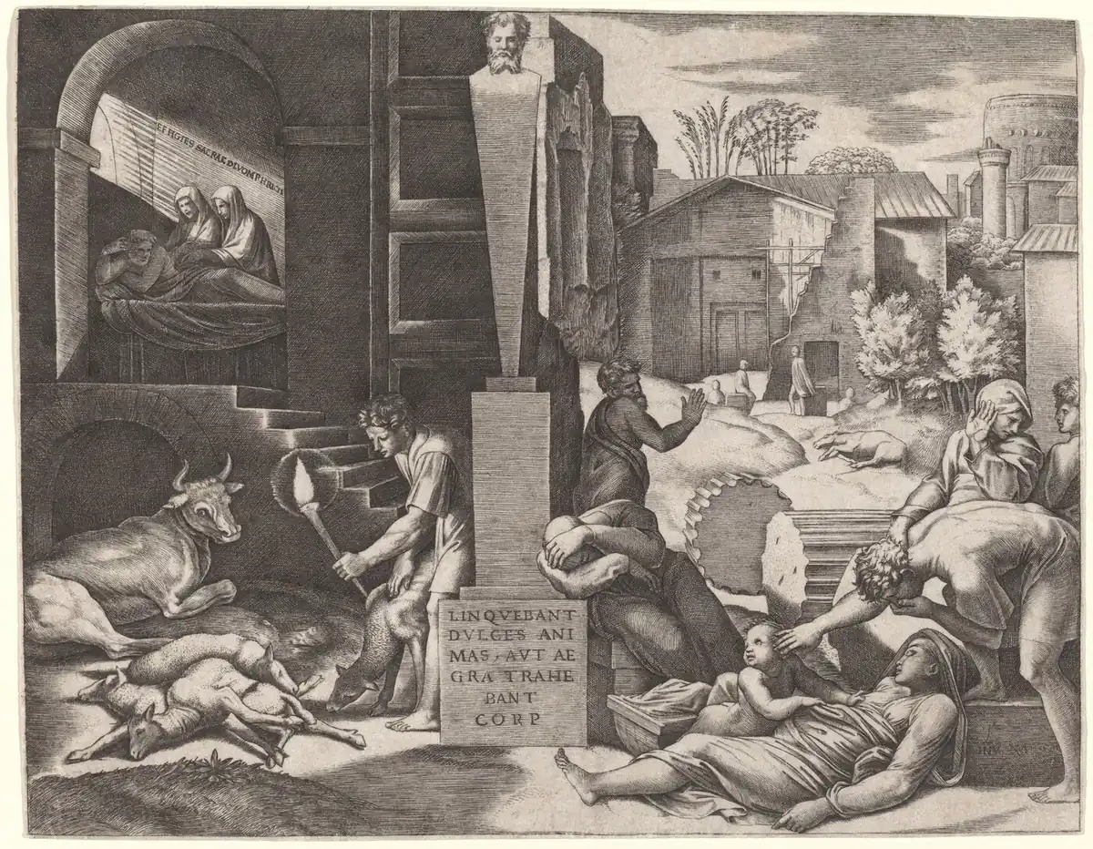 De pest (Il Morbetto), Marcantonio Raimondi naar Rafaël