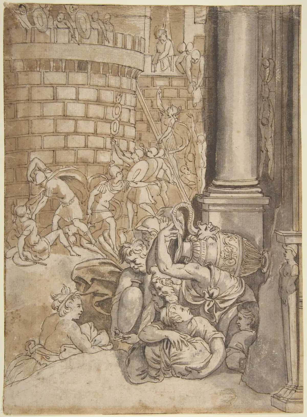 Plundering van een stad, School van Polidoro da Caravaggio